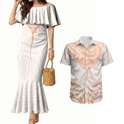 New Zealand Manta Ray Tattoo Couples Matching Mermaid Dress and Hawaiian Shirt Aotearoa Maori Haehae Orange