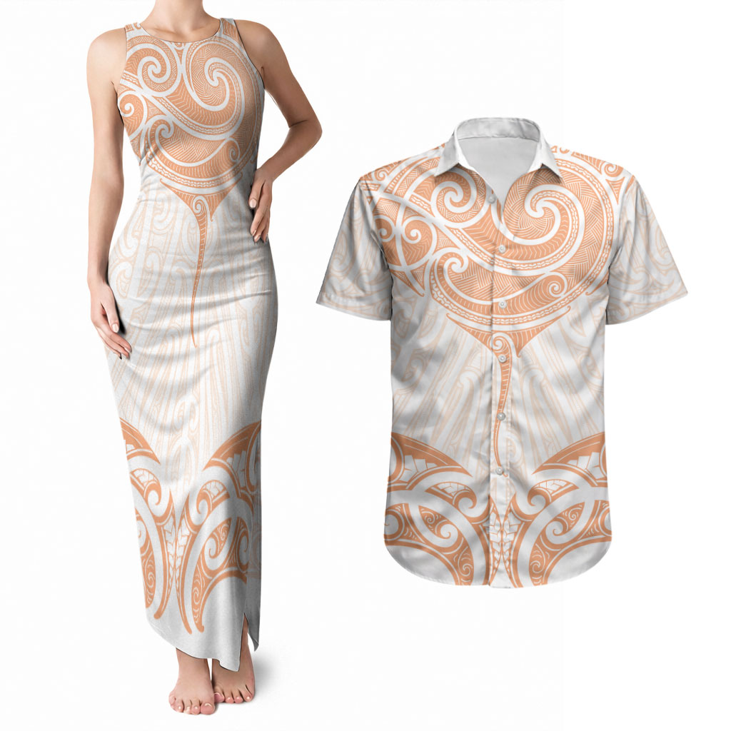New Zealand Manta Ray Tattoo Couples Matching Tank Maxi Dress and Hawaiian Shirt Aotearoa Maori Haehae Orange
