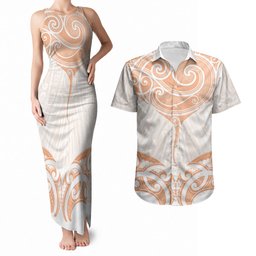 New Zealand Manta Ray Tattoo Couples Matching Tank Maxi Dress and Hawaiian Shirt Aotearoa Maori Haehae Orange