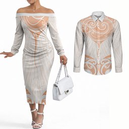 New Zealand Manta Ray Tattoo Couples Matching Off The Shoulder Long Sleeve Dress and Long Sleeve Button Shirt Aotearoa Maori Haehae Orange