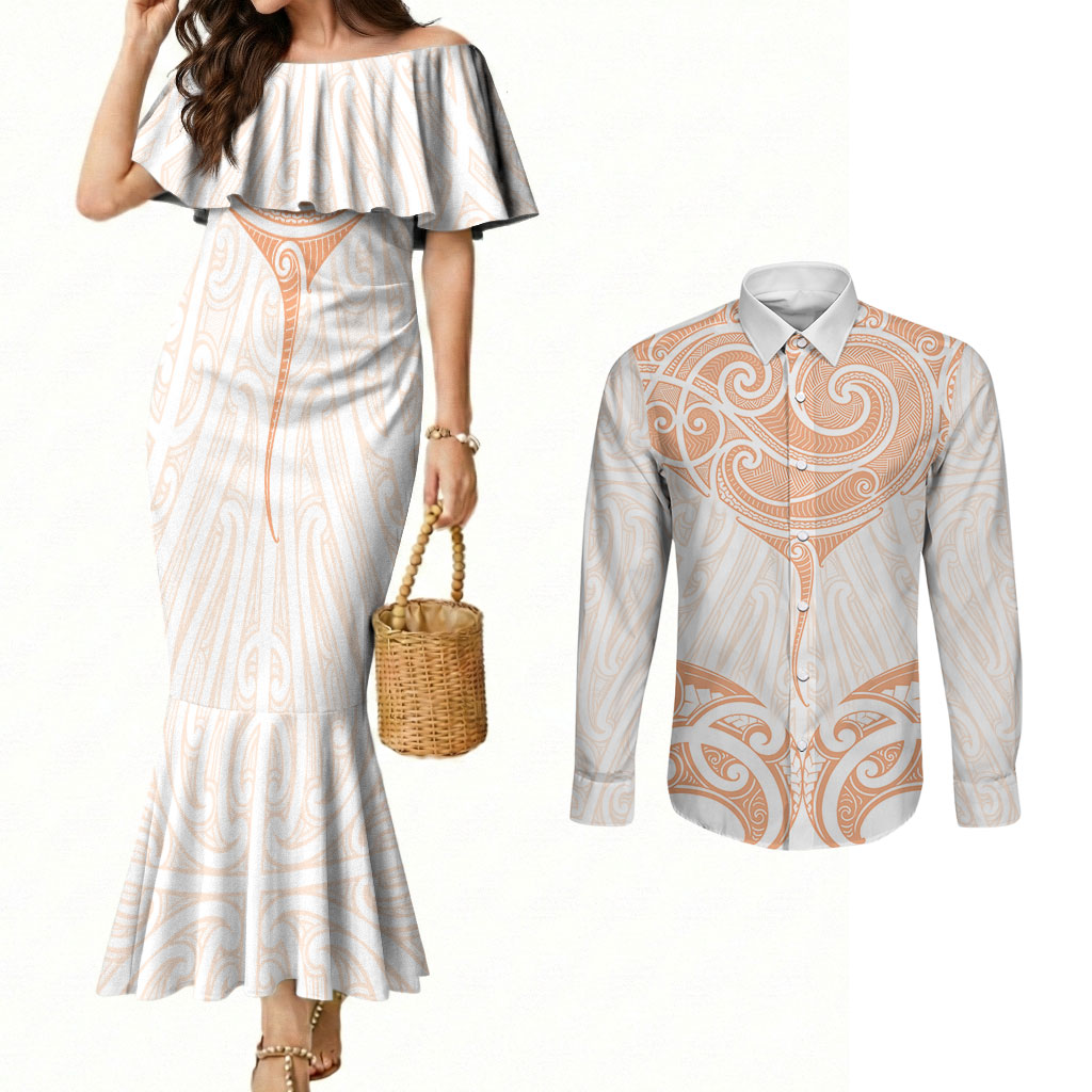 New Zealand Manta Ray Tattoo Couples Matching Mermaid Dress and Long Sleeve Button Shirt Aotearoa Maori Haehae Orange