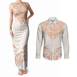 New Zealand Manta Ray Tattoo Couples Matching Tank Maxi Dress and Long Sleeve Button Shirt Aotearoa Maori Haehae Orange