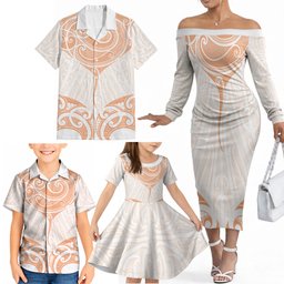 New Zealand Manta Ray Tattoo Family Matching Off The Shoulder Long Sleeve Dress and Hawaiian Shirt Aotearoa Maori Haehae Orange