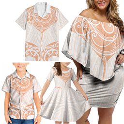 New Zealand Manta Ray Tattoo Family Matching Off Shoulder Short Dress and Hawaiian Shirt Aotearoa Maori Haehae Orange