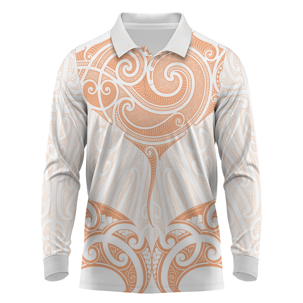 New Zealand Manta Ray Tattoo Long Sleeve Polo Shirt Aotearoa Maori Haehae Orange