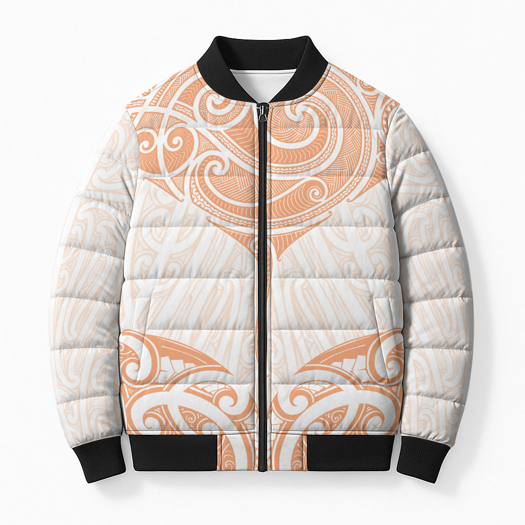 New Zealand Manta Ray Tattoo Bomber Puffer Jacket Aotearoa Maori Haehae Orange
