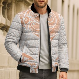 New Zealand Manta Ray Tattoo Bomber Puffer Jacket Aotearoa Maori Haehae Orange