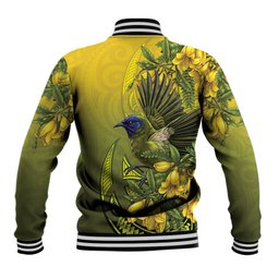 New Zealand Bellbird Baseball Jacket With Kowhai Flowers