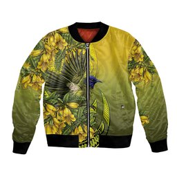 New Zealand Bellbird Bomber Jacket With Kowhai Flowers