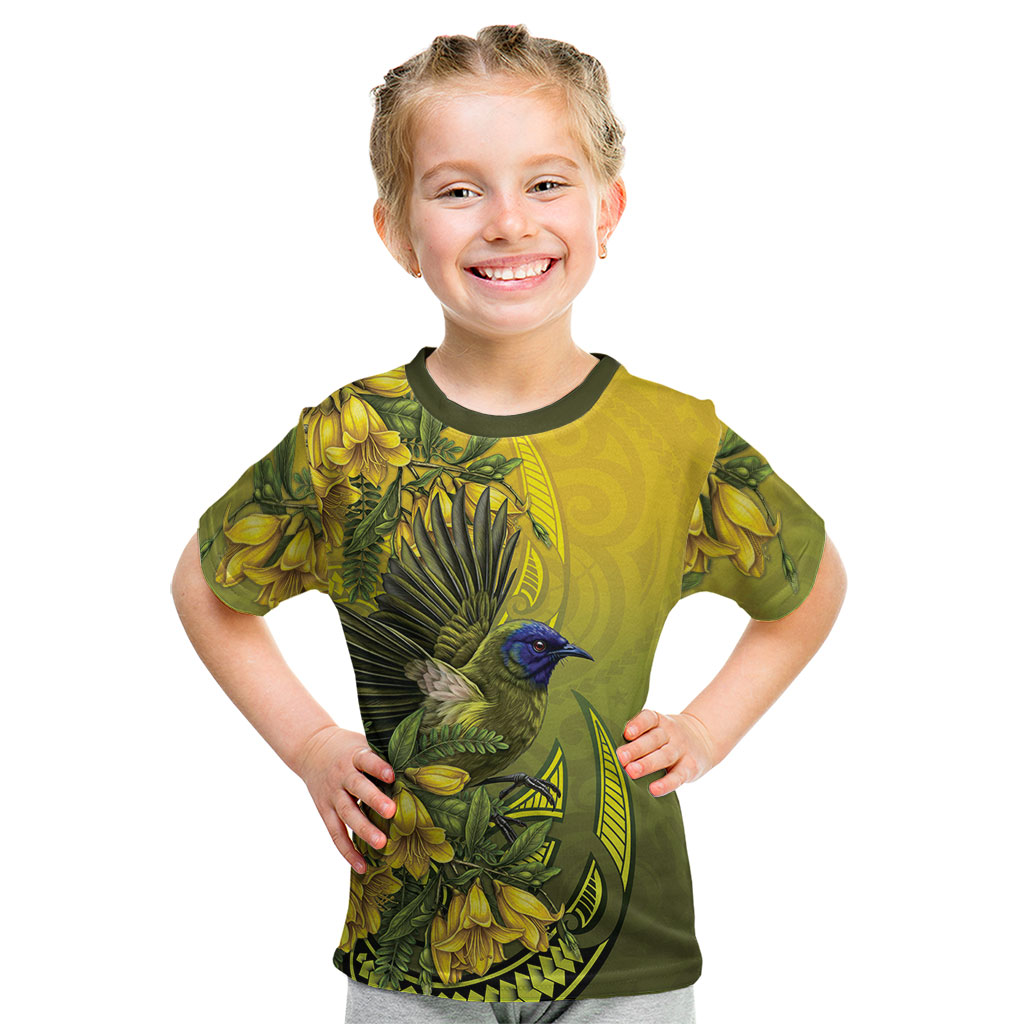 New Zealand Bellbird Kid T Shirt With Kowhai Flowers
