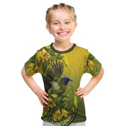 New Zealand Bellbird Kid T Shirt With Kowhai Flowers
