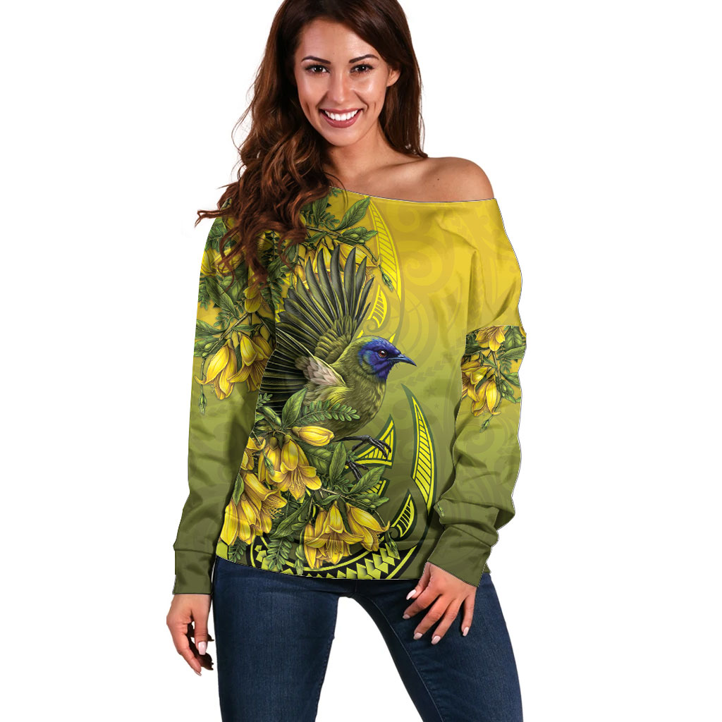 New Zealand Bellbird Off Shoulder Sweater With Kowhai Flowers
