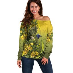New Zealand Bellbird Off Shoulder Sweater With Kowhai Flowers