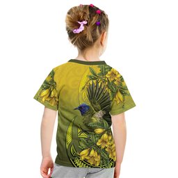 New Zealand Bellbird Kid T Shirt With Kowhai Flowers