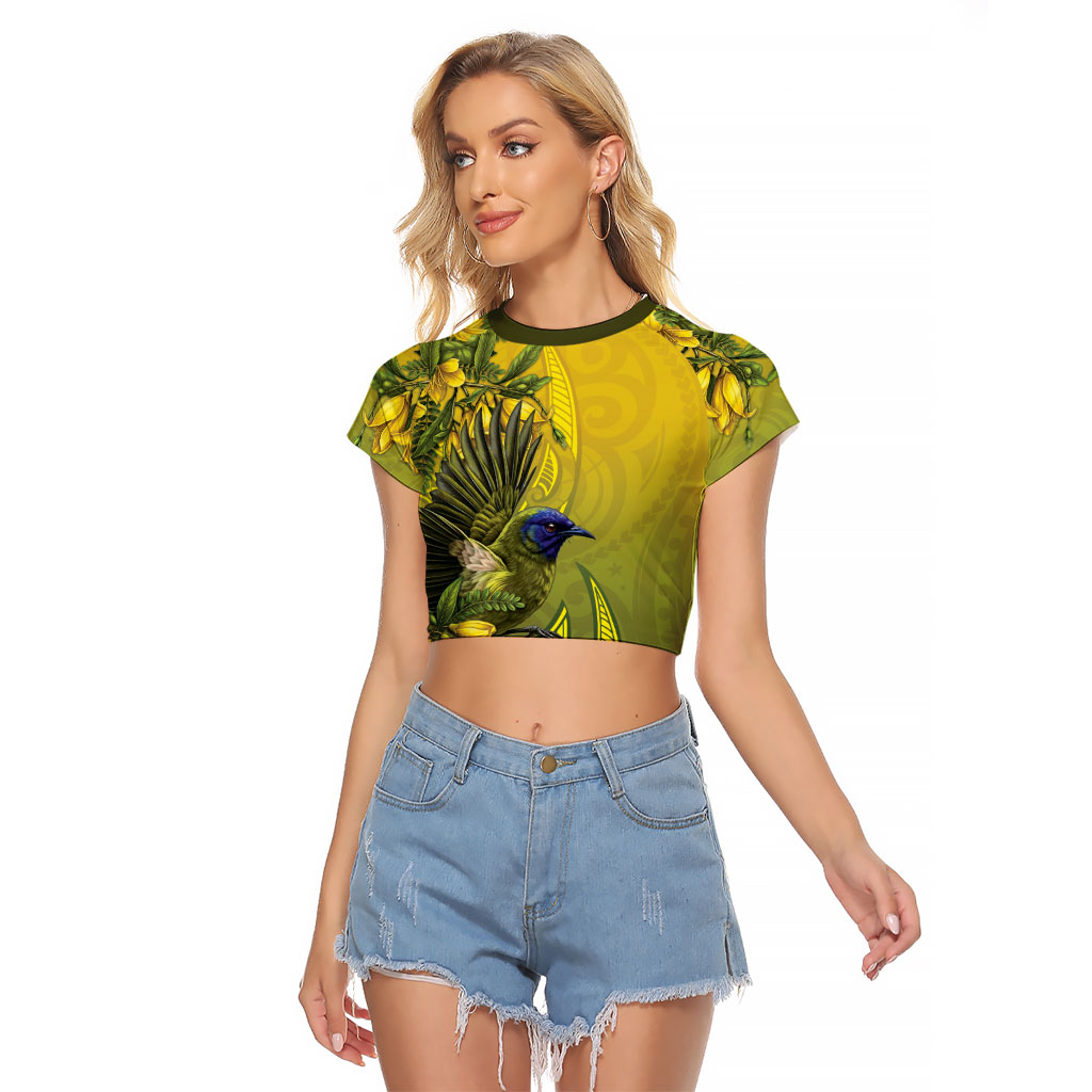 New Zealand Bellbird Raglan Cropped T Shirt With Kowhai Flowers