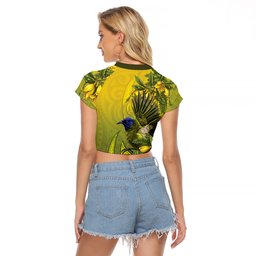 New Zealand Bellbird Raglan Cropped T Shirt With Kowhai Flowers