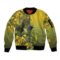 New Zealand Bellbird Sleeve Zip Bomber Jacket With Kowhai Flowers