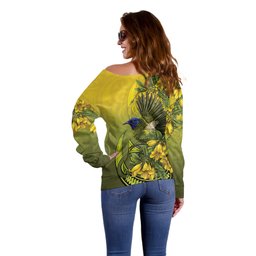 New Zealand Bellbird Off Shoulder Sweater With Kowhai Flowers