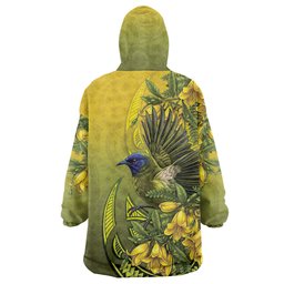 New Zealand Bellbird Wearable Blanket Hoodie With Kowhai Flowers