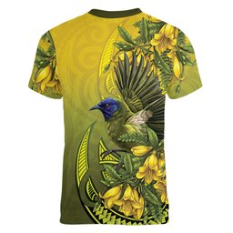 New Zealand Bellbird Women V-Neck T-Shirt With Kowhai Flowers