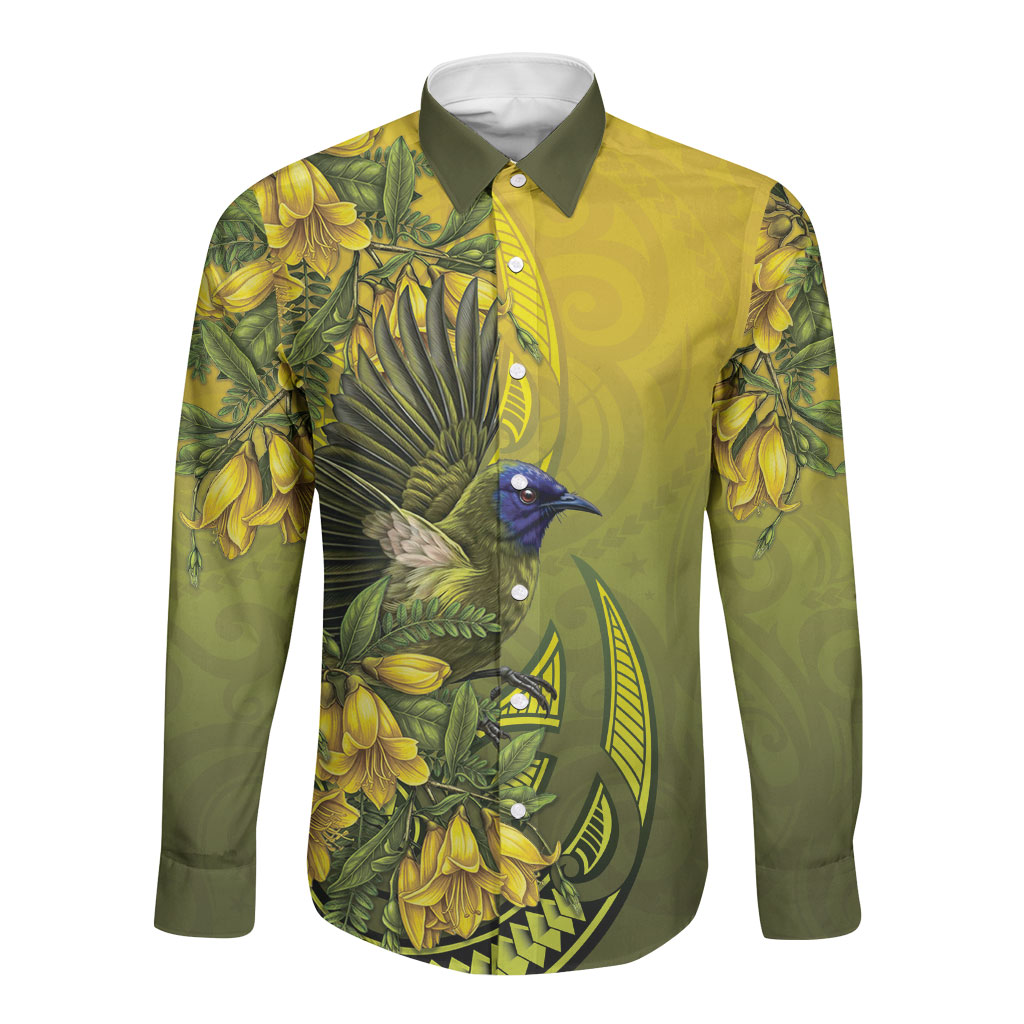 New Zealand Bellbird Long Sleeve Button Shirt With Kowhai Flowers