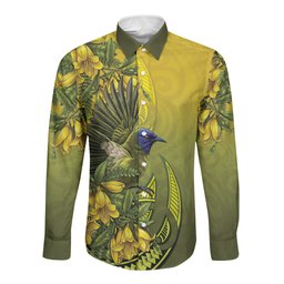 New Zealand Bellbird Long Sleeve Button Shirt With Kowhai Flowers