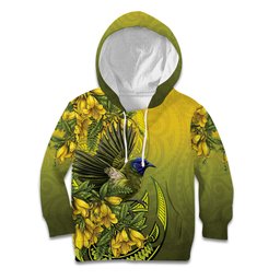 New Zealand Bellbird Kid Hoodie With Kowhai Flowers