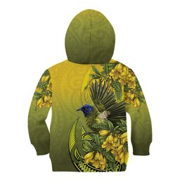 New Zealand Bellbird Kid Hoodie With Kowhai Flowers