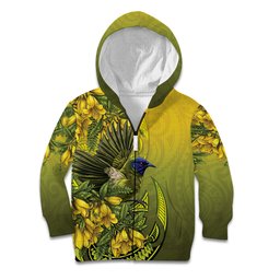 New Zealand Bellbird Kid Hoodie With Kowhai Flowers