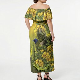 New Zealand Bellbird Off Shoulder Maxi Dress With Kowhai Flowers