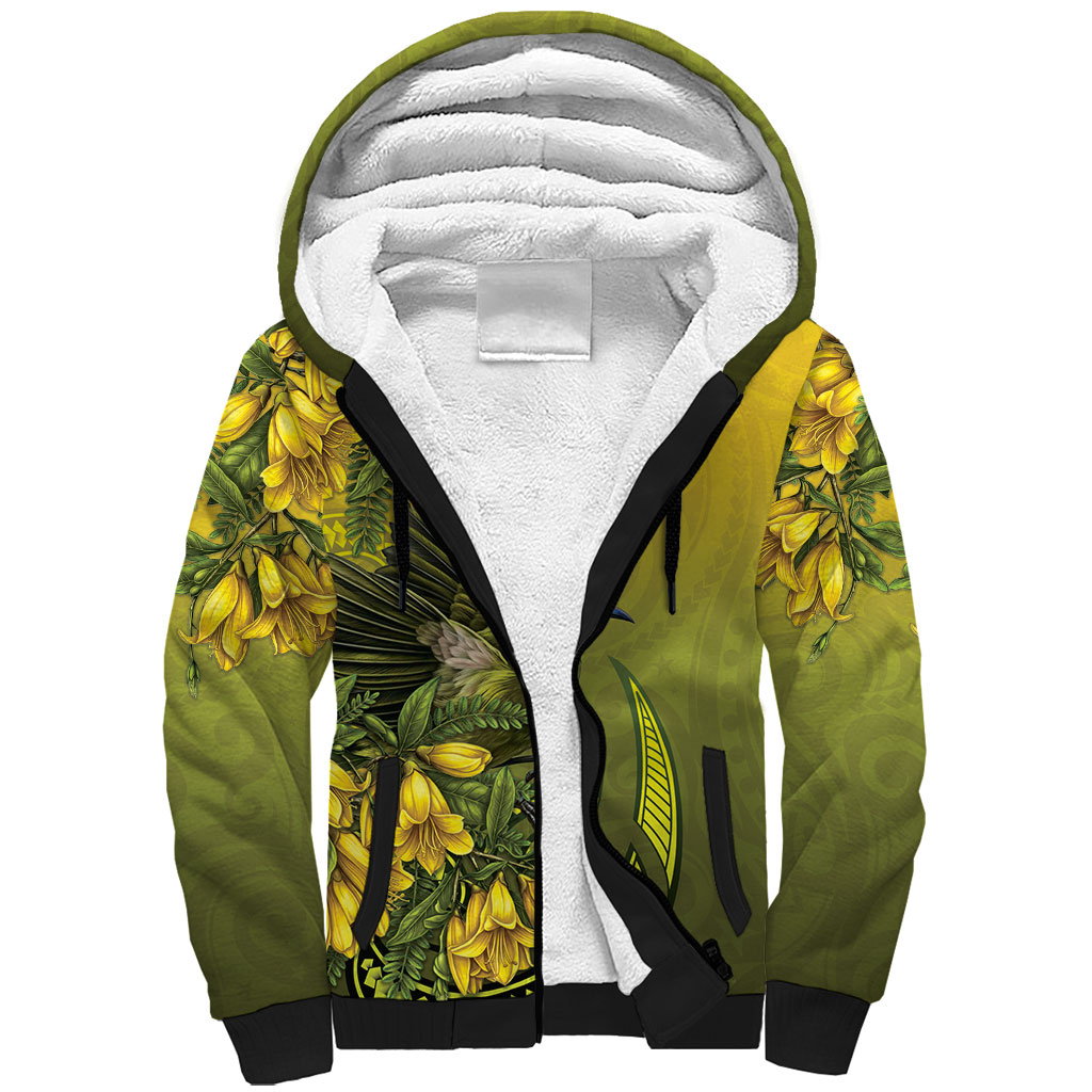 New Zealand Bellbird Sherpa Hoodie With Kowhai Flowers