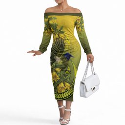 New Zealand Bellbird Off The Shoulder Long Sleeve Dress With Kowhai Flowers