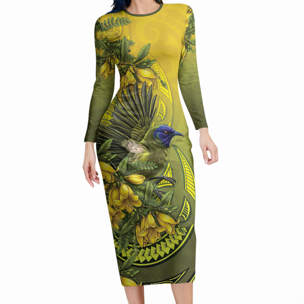 New Zealand Bellbird Long Sleeve Bodycon Dress With Kowhai Flowers