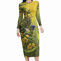 New Zealand Bellbird Long Sleeve Bodycon Dress With Kowhai Flowers