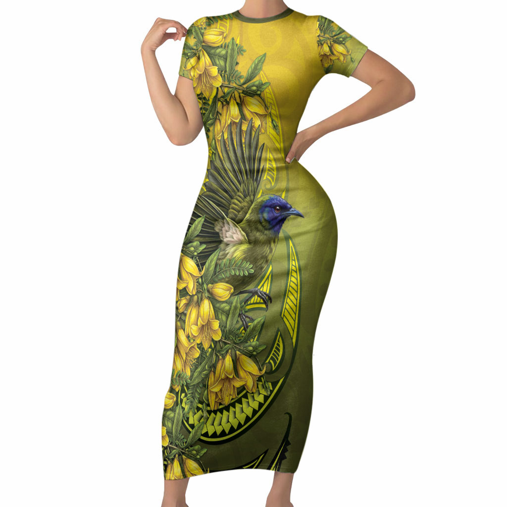 New Zealand Bellbird Short Sleeve Bodycon Dress With Kowhai Flowers