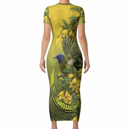 New Zealand Bellbird Short Sleeve Bodycon Dress With Kowhai Flowers