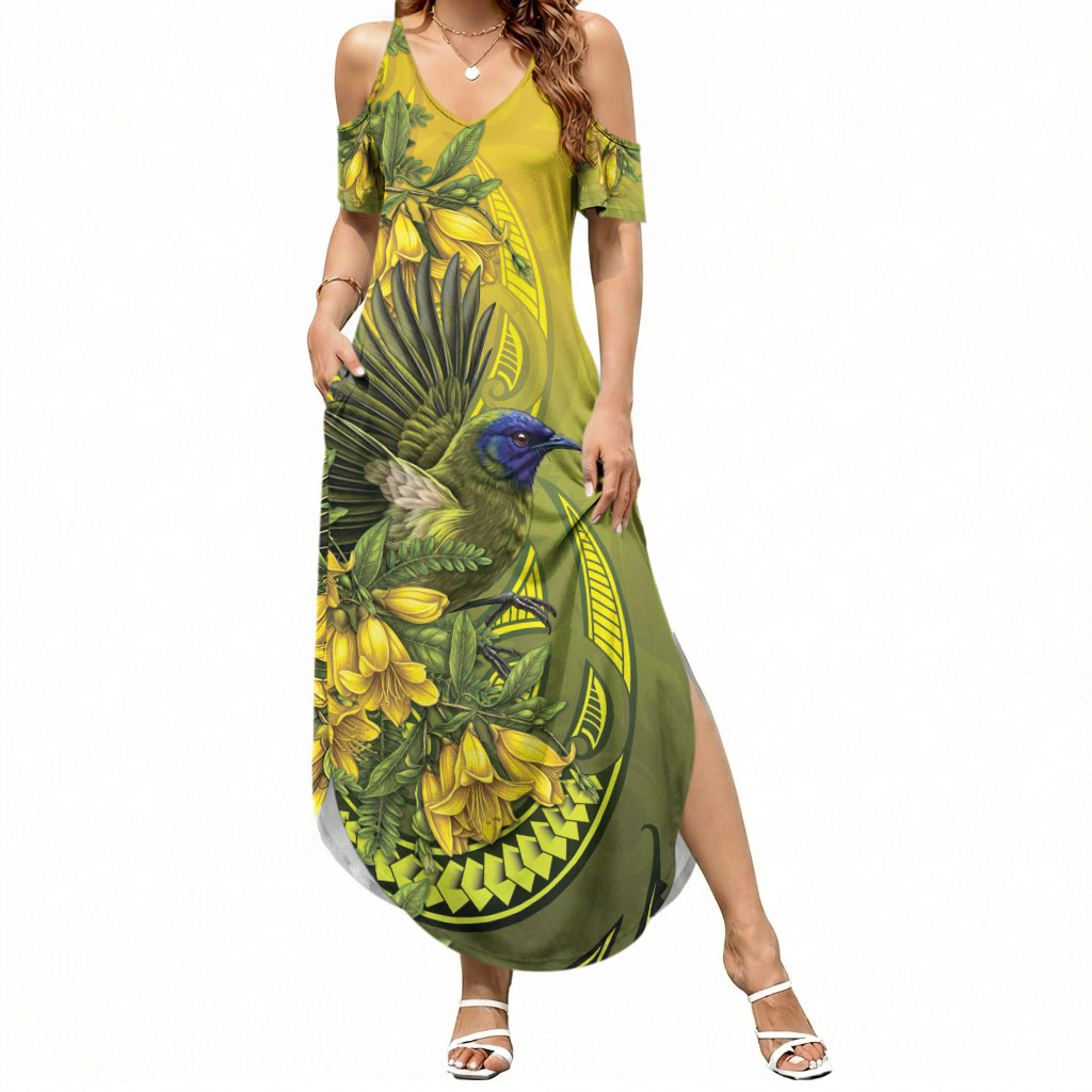 New Zealand Bellbird Summer Maxi Dress With Kowhai Flowers