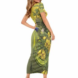 New Zealand Bellbird Short Sleeve Bodycon Dress With Kowhai Flowers