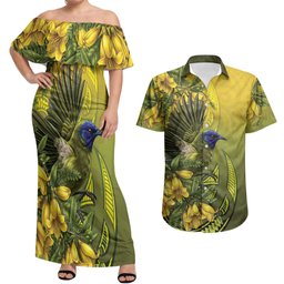 New Zealand Bellbird Couples Matching Off Shoulder Maxi Dress and Hawaiian Shirt With Kowhai Flowers