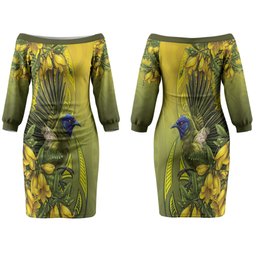 New Zealand Bellbird Couples Matching Off The Shoulder Long Sleeve Dress and Hawaiian Shirt With Kowhai Flowers