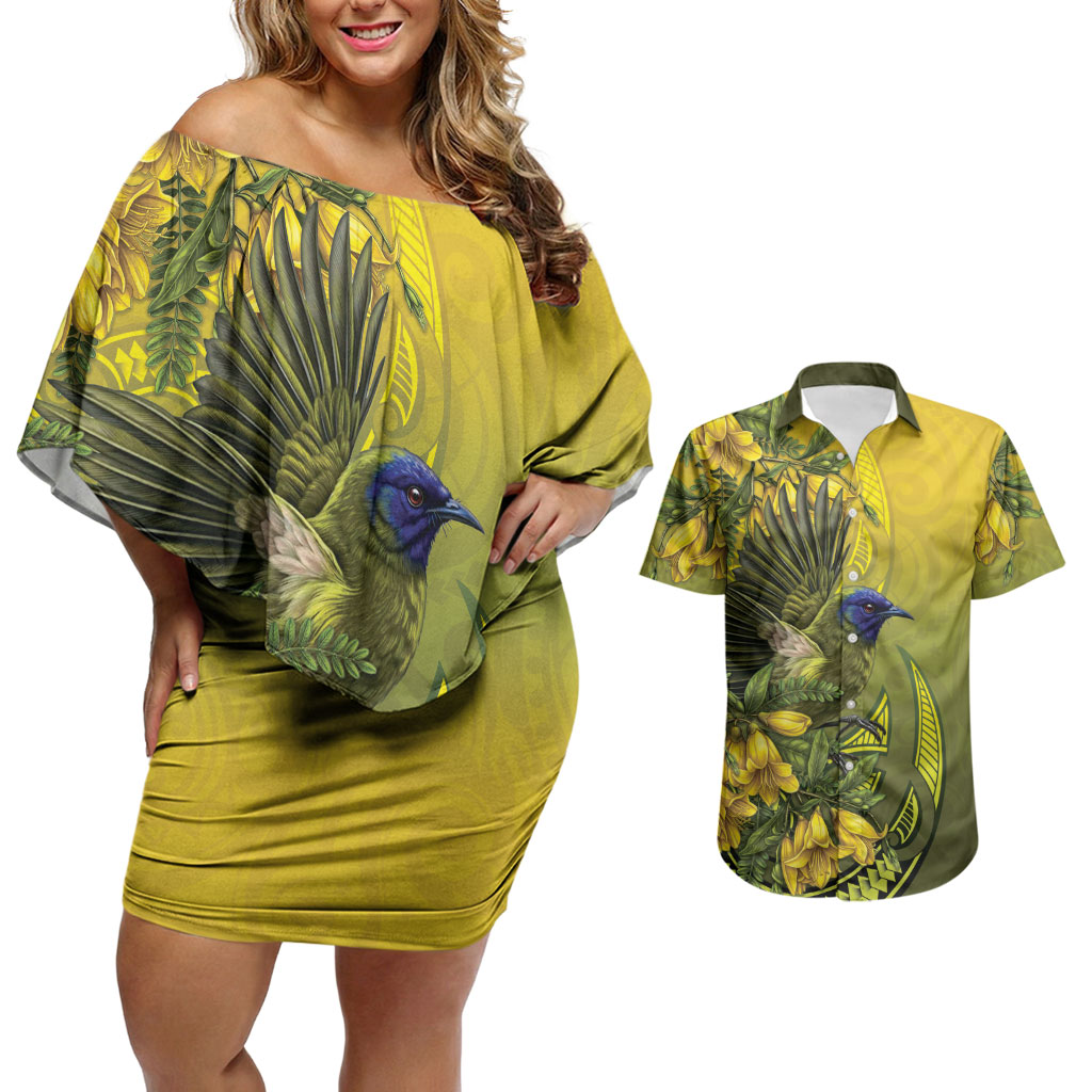 New Zealand Bellbird Couples Matching Off Shoulder Short Dress and Hawaiian Shirt With Kowhai Flowers