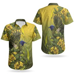 New Zealand Bellbird Couples Matching Short Sleeve Bodycon Dress and Hawaiian Shirt With Kowhai Flowers