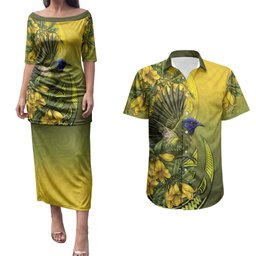 New Zealand Bellbird Couples Matching Puletasi and Hawaiian Shirt With Kowhai Flowers