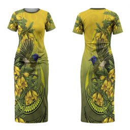 New Zealand Bellbird Couples Matching Short Sleeve Bodycon Dress and Hawaiian Shirt With Kowhai Flowers