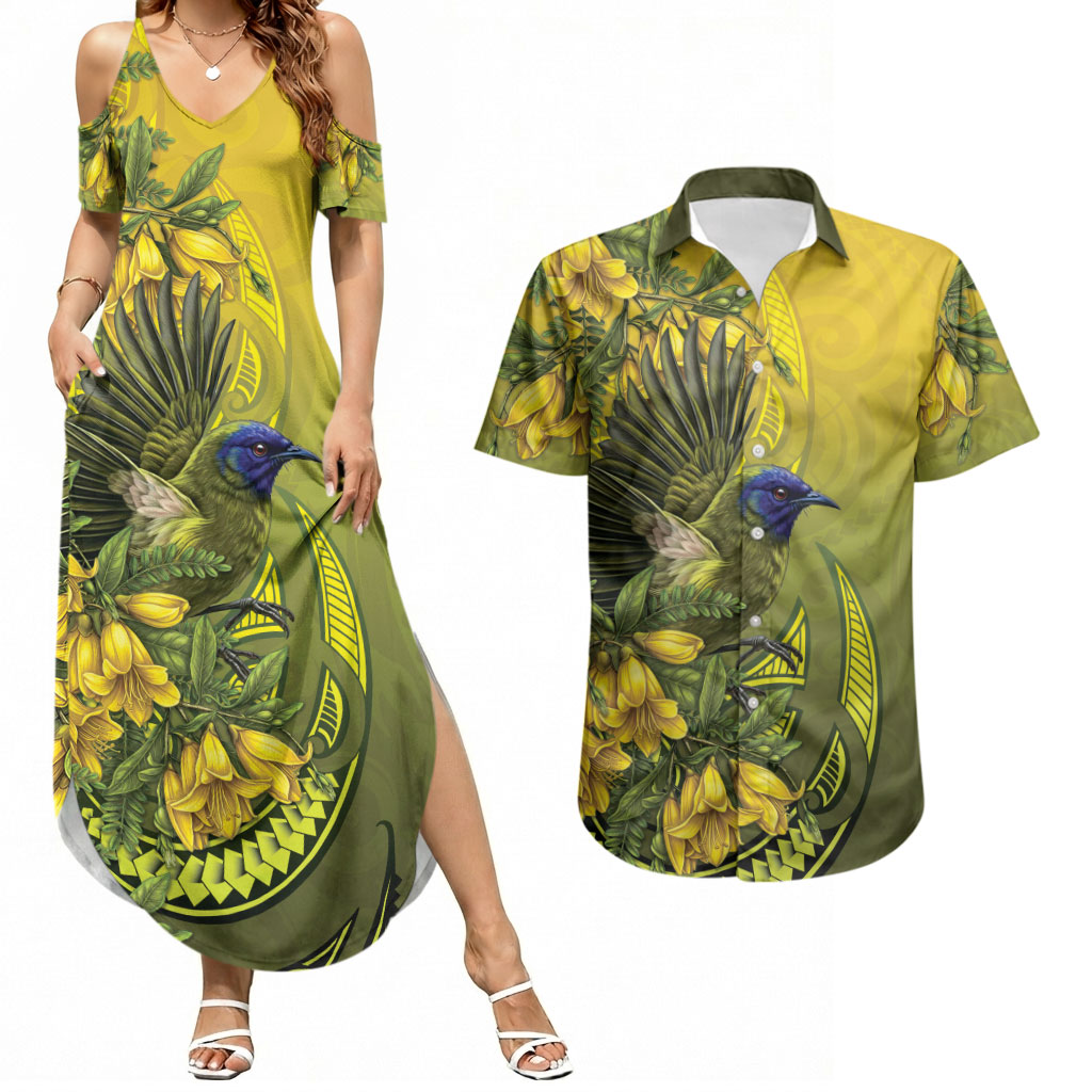 New Zealand Bellbird Couples Matching Summer Maxi Dress and Hawaiian Shirt With Kowhai Flowers