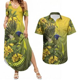 New Zealand Bellbird Couples Matching Summer Maxi Dress and Hawaiian Shirt With Kowhai Flowers