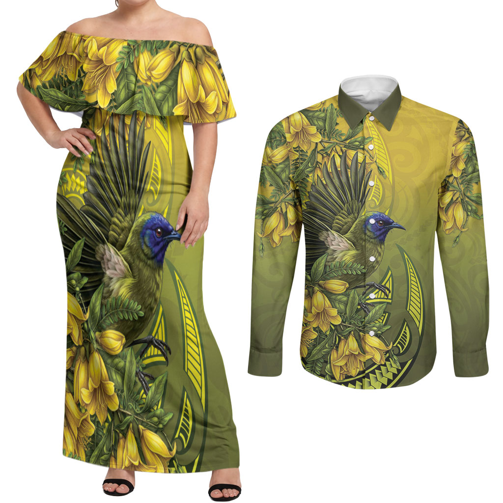 New Zealand Bellbird Couples Matching Off Shoulder Maxi Dress and Long Sleeve Button Shirt With Kowhai Flowers