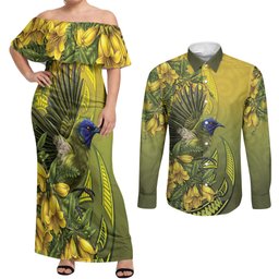 New Zealand Bellbird Couples Matching Off Shoulder Maxi Dress and Long Sleeve Button Shirt With Kowhai Flowers