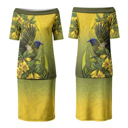 New Zealand Bellbird Couples Matching Puletasi and Hawaiian Shirt With Kowhai Flowers