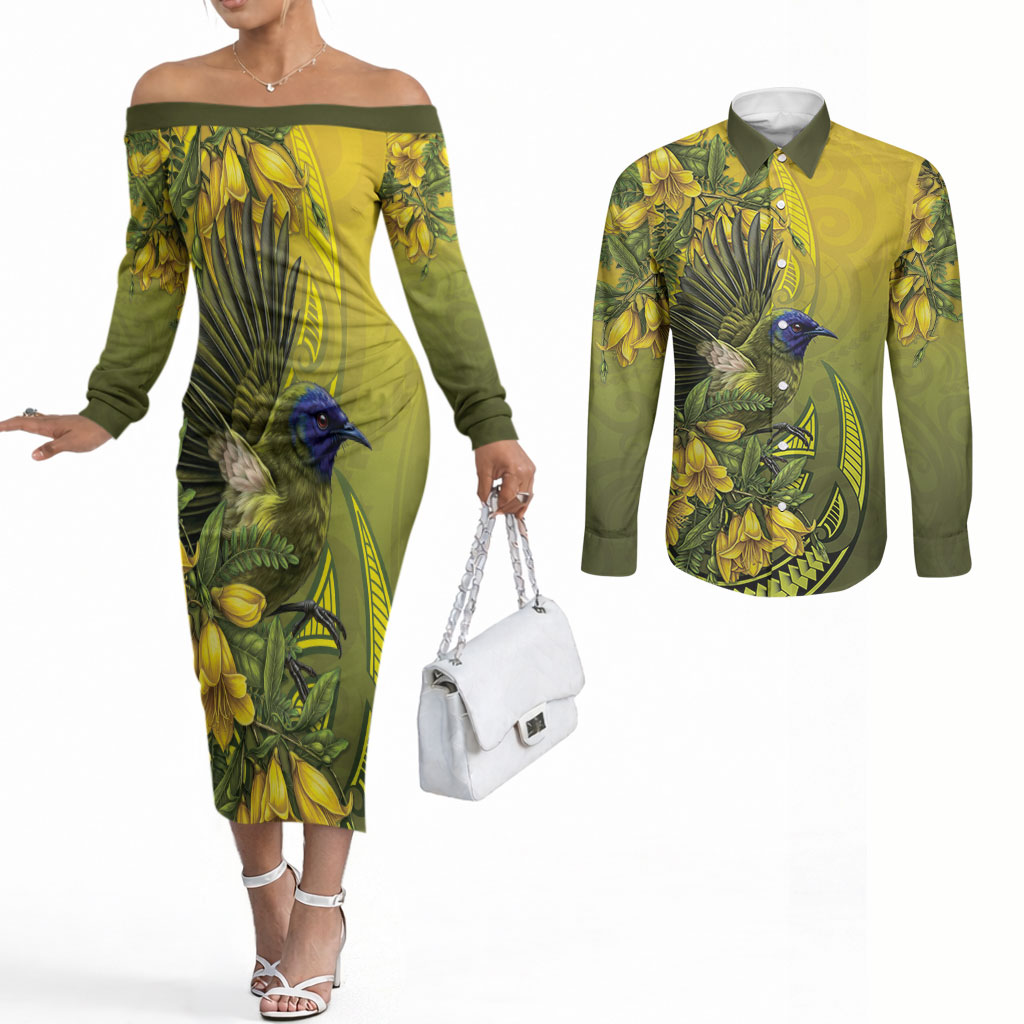 New Zealand Bellbird Couples Matching Off The Shoulder Long Sleeve Dress and Long Sleeve Button Shirt With Kowhai Flowers